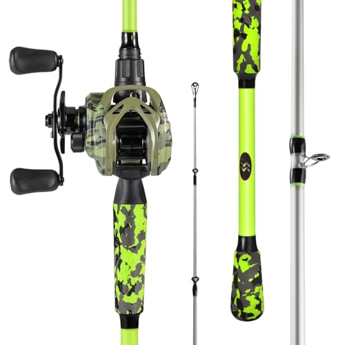 Sougayilang Baitcasting Combo – 8.0:1 Gear Ratio, 18LB Drag, 9+1 Bearings, IM7 Graphite 2-Piece M/MH Rod, EVA Handle, Camo Finish for Topwater Bass, Pike, Walleye